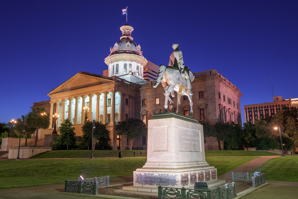 Columbia, South Carolina, USA at the State House in the evening.