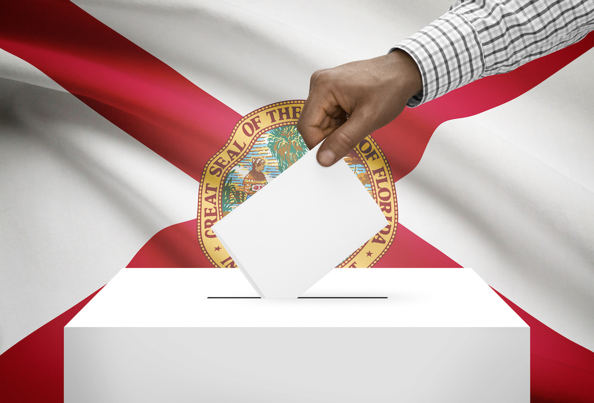 Voting concept - Ballot box with US state flag on background - Florida
