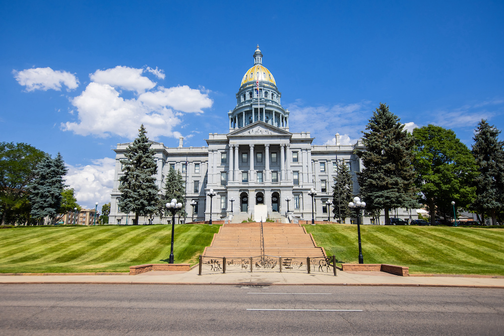 Colorado state Capitol building against blue sky in Denver city
