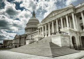 Stark cloudy weather over empty exterior view of the US Capitol Building in Washington DC, USA