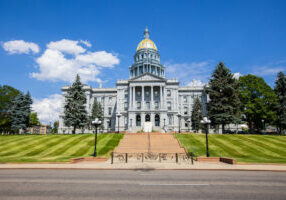 Colorado state Capitol building against blue sky in Denver city