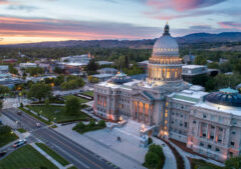 Aerial shot of the boise capital building at night